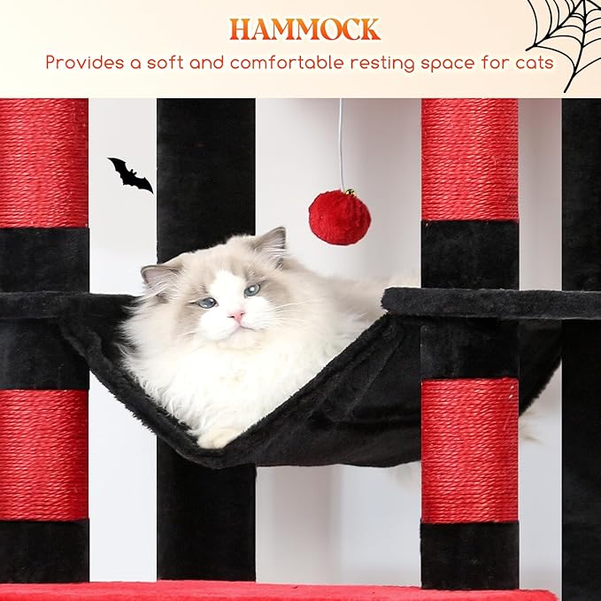 Globlazer XXL Giant Gothic Cat Tree, 83 Inch Heavy Duty Tall Goth Cat Tower for Indoor Cats Large Adult, Multi-Level Large Cat Condo with 8 Scratching Posts, Hammock, 2 Platform, F83B, Black Red