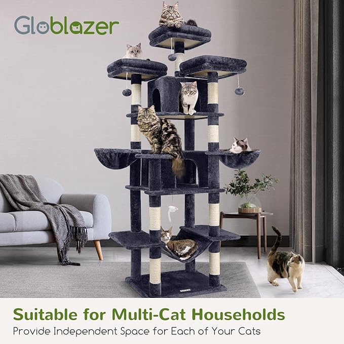 Globlazer Big Cat Tower for Indoor Cats, 80inch Cat Tower for Multiple Adult Cats XXL Cat Tree with Scratching Post, Hammock, 3 Perches, 2 Condos, 2 Hanging Basket, F80, Dark Grey