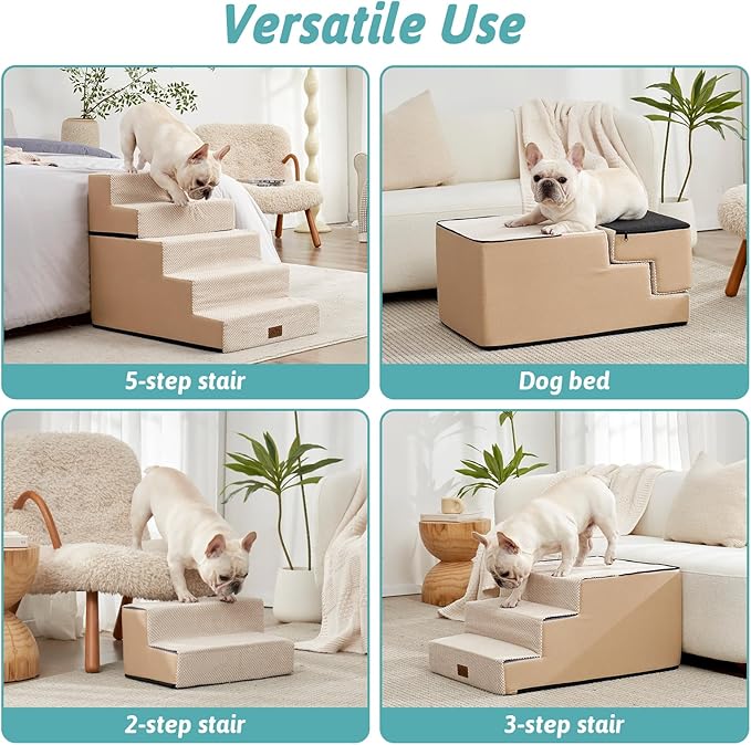 Dog Stairs for Small Dogs, 5 Tier Removable Wider Pet Stairs for Couch and Bed, 23.6" H Non-Slip Dog Steps for Puppies and Old Cats with Support Board, 19.7x29.5x23.6 inch, Beige