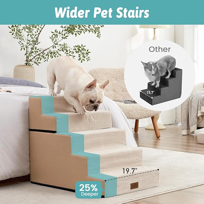 Dog Stairs for Small Dogs, 5 Tier Removable Wider Pet Stairs for Couch and Bed, 23.6" H Non-Slip Dog Steps for Puppies and Old Cats with Support Board, 19.7x29.5x23.6 inch, Beige