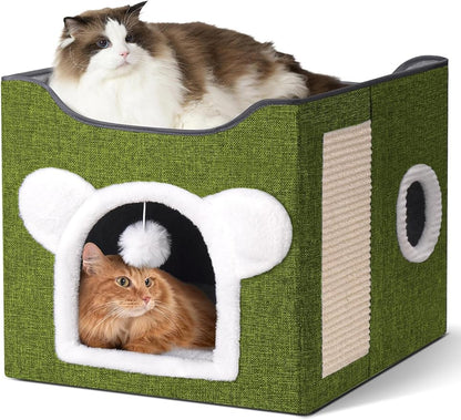 Cat Houses for Indoor Cats, Large Cat Cave with Fluffy Ball and Scratch Pad, Covered Cat Bed House, Foldable Cat Hideaway (Green)