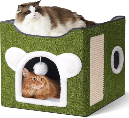 Cat Houses for Indoor Cats, Large Cat Cave with Fluffy Ball and Scratch Pad, Covered Cat Bed House, Foldable Cat Hideaway (Green)