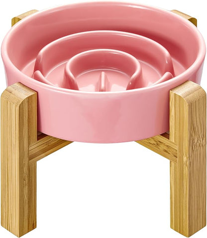 Ceramic Slow Feeder Dog Bowls Elevated, 0.6 Cup Slow Feeder for Small Dogs and Cats, Puzzle Maze Bowl, Prevents Choking, 6in, Pink