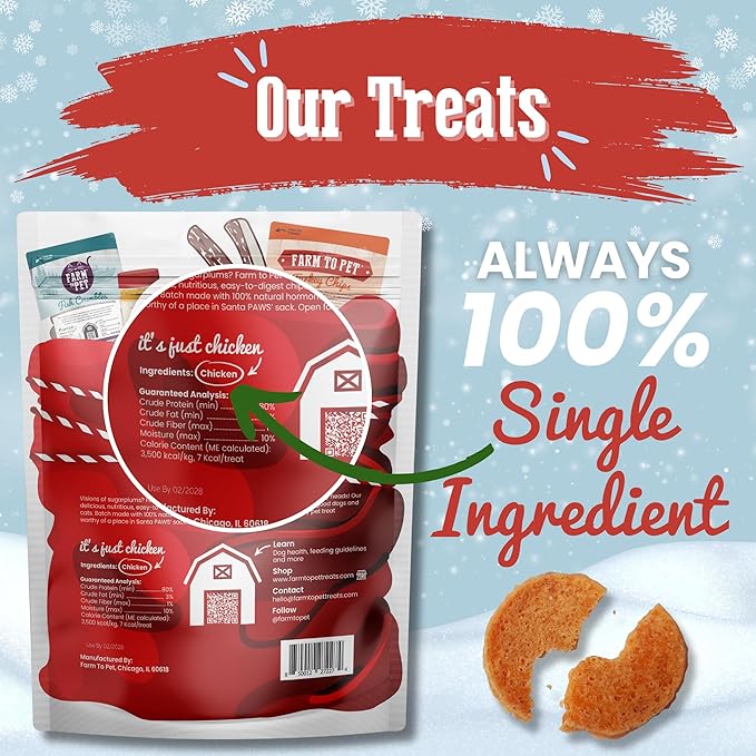 Farm To Pet Holiday Chicken Chipmas Feast Dog Training Treats - Chicken Chips, Single Ingredient, Lean, All Natural, Healthy Treats for Small, Medium, Large Dog Breeds, & Puppies, Made in USA