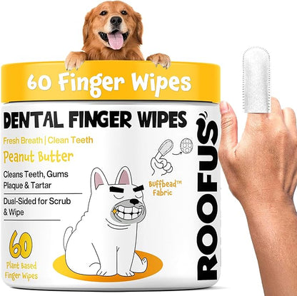 Dog Teeth Cleaning Wipes 60 Packs - Peanut Butter Dental Wipes to Reduce Plaque & Tartar for Dogs & Cats - Pet Dental Wipes for Oral Freshness