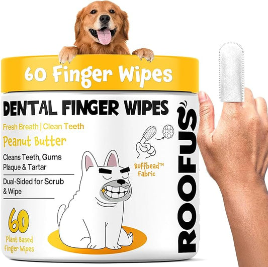 Dog Teeth Cleaning Wipes 60 Packs - Peanut Butter Dental Wipes to Reduce Plaque & Tartar for Dogs & Cats - Pet Dental Wipes for Oral Freshness