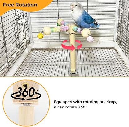 Bird Stand Perch Toy with Bells, Interactive Spinning Parakeet Toys, Wooden Exercise Wheel Parrot Toy, Enrichment Cockatiel Toy for Birds Cage, Bird Cage Accessories Perch Toys for Budgies (S, Bells)