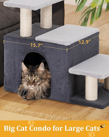 3-in-1 Pet Stairs for Cats, Dog Steps for Small Doggie,7.8'' Depth Cat Stairs,Indoor Cat Steps for High Bed for Pet's Joints, Soft Plush, 1 Big Cat Condo Cave, Sisal Scratching Posts, Grey, Large