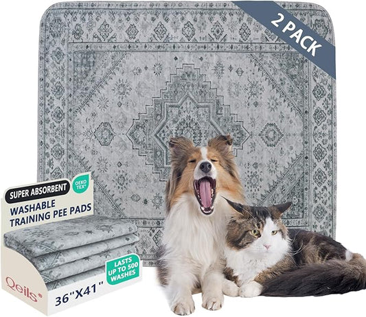 Qeils Washable Pee Pads, Reusable Puppy Pads Super Absorbent Leakproof Dog Training Pads, Non-Slip Wee Wee Pads for Crate, Floor, Potty Pads Feeding Mat Dog Pee 2 Pack 36"x41"