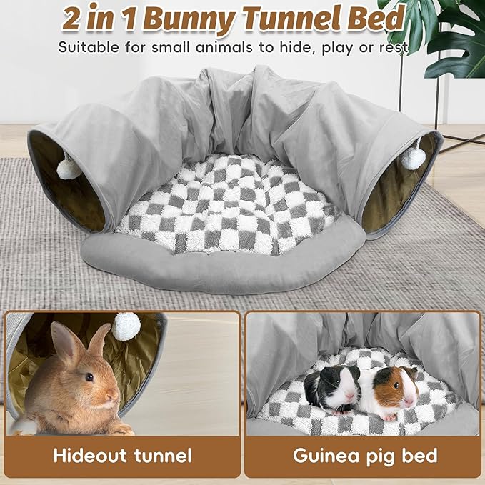 PINVNBY Large Bunny Tunnel Bed Removable and Cozy Guinea Pig Hideout Tunnel Washable Small Animal Tunnels Tube Toys Guinea Pig Accessories for Rabbit Chinchilla Hedgehog Ferret (Gray)