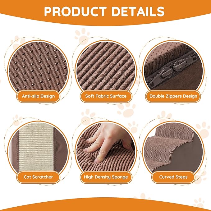 Pet Stairs, Dog Stairs for Small Dogs, Dogs Steps, 3-Step Curved Dog Ramp for Bed, Couch, Sofa, Car and Chair, Non-Slip Bottom Design, Cat Scratching Board, High Density Foam Portable Pet Step, Coffee