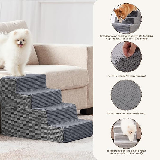 HYLEORY Dog Stairs for Bed 18''H, 4-Step Pet Stairs for Small Dogs Cats, Sturdy Pet Steps with Non-Slip Bottom, Functional Portable Dog Ramp for Couch/Chair/Sofa/Car, Storage Pocket, Grey-Light Grey