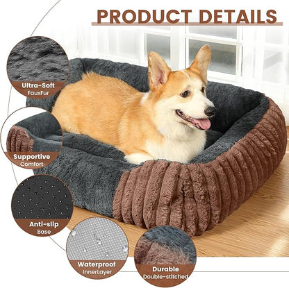 Dog Beds for Medium Dogs 32x24 Inch, Comfort-Sided Orthopedic Dog Bed Couch with Breathable Shredded Memory Foam, Faux Rabbit Fur Pet Bed, Non-Detachable, Non-Slip, Machine Washable