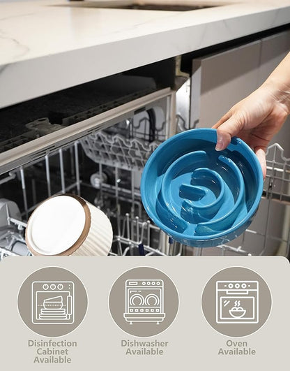 Ceramic Slow Feeder Dog Bowls Elevated, 0.6 Cup Slow Feeder for Small Dogs and Cats, Puzzle Maze Bowl, Prevents Choking, 6in, Blue