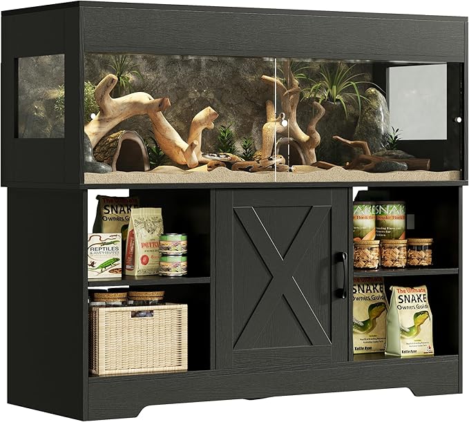 Herture 60 Gallon Reptile Tank with Stand, Terrarium Tank with Storage Cabinet, for Lizards, Skinks, Snakes, Sliding Acrylic Doors, Mesh Top, Built-in Power Outlet Black PX02RTB
