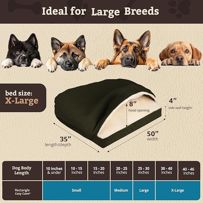 Snoozer Rectangle Cozy Cave Dog Bed - Indoor Dog Bed with Cover Cave, Covered Calming Burrow for Large Sized Pets with Blanket Attached, Enclosed, Washable Cover - XL, Olive