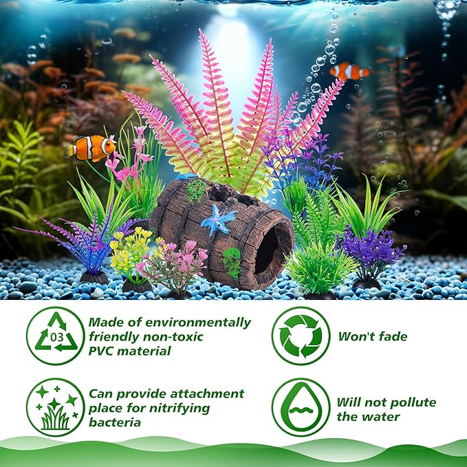 Ameliade Aquarium Plastic Plants Decorations and Fish Tank Broken Barrel Hideout Cave Decor Set Goldfish Betta Small Fish Bowl Ornaments Accessories 12 PCS