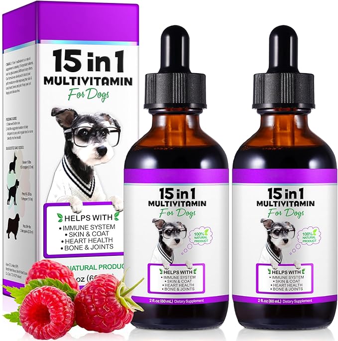 Dog Multivitamin,15 in 1 Dog Multivitamin Liquid Drops Supplements, Dog Vitamins for Heart Health, Bones, Joint, Skin & Coat, Bladder, Immune System Support 60ml-2pcs