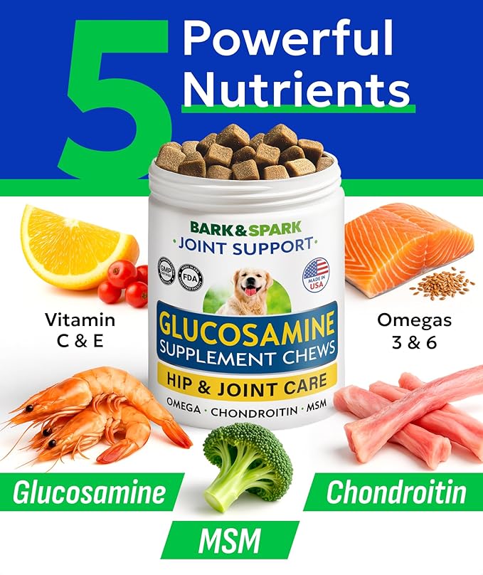 BARK&SPARK Glucosamine Chondroitin Dog Hip & Joint Supplement - Joint Pain Relief - Hip & Joint Chews - Joint Support Large Small Breed - Senior Doggie Vitamin Pill Joint Health (180 Treats - Bacon)