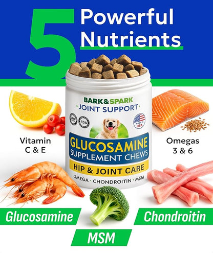 BARK&SPARK Glucosamine Chondroitin Dog Hip & Joint Supplement - Joint Pain Relief - Hip & Joint Chews - Joint Support Large Small Breed - Senior Doggie Vitamin Pill Joint Health (180 Treats - Bacon)