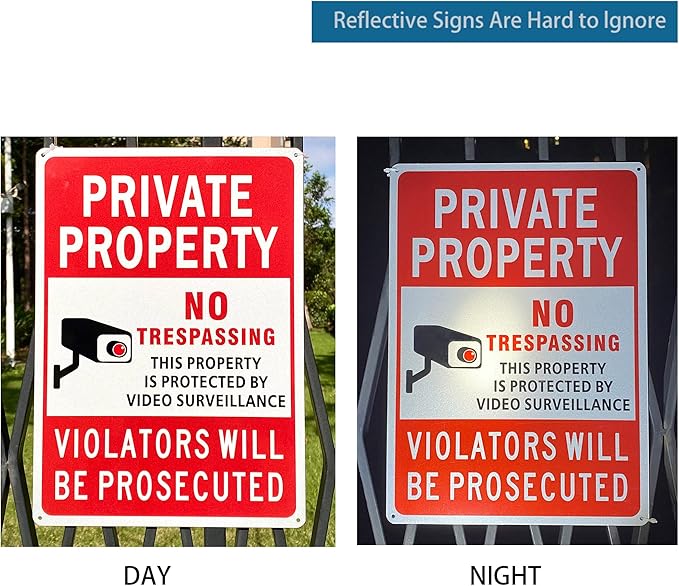 (2 Pack) Large No Trespassing Signs Private Property, Violators Will Be Prosecuted,14"x10".04" Aluminum Reflective Metal Sign,Weather Resistant, Waterproof, Durable Ink, Easy to Mount