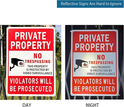 (2 Pack) Large No Trespassing Signs Private Property, Violators Will Be Prosecuted,14"x10".04" Aluminum Reflective Metal Sign,Weather Resistant, Waterproof, Durable Ink, Easy to Mount