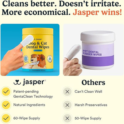 Jasper Dog Dental Wipes, Vet-Recommended All-Natural Finger Toothbrush Wipes for Dogs, Fresh Breath & Tartar Control in Seconds – No Brush and Toothpaste Needed, Unscented, 60 Count