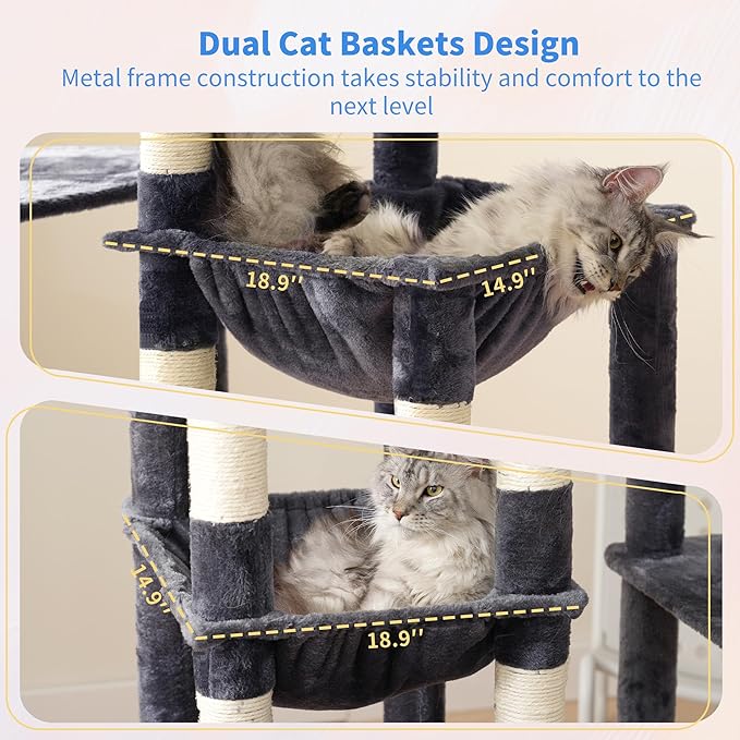 Heybly Cat Tree, 71-Inch Tall Cat Tower for Large Maine Coon Cats with Extra-Large Baseboard, Cat Condo Furniture with Multi-Level Platforms, 2 Hammocks and 12 Scratching Posts, Smoky Gray HCT037G