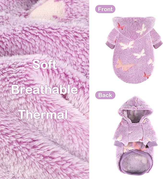 Dog Sweater for Small Dogs Girl Boy, Fleece Dog Hoodie Clothes, Night Glow Puppy Sweater, Soft Warm Extra Small Doggie Sweatshirt, Fall Winter Doggy Clothes Pet Outfits for Chihuahua Yorkie,Purple,XS
