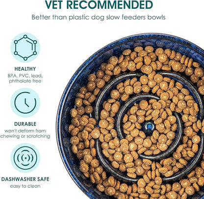vancasso Slow Feeder Dog Bowl, 0.6 Cups Ceramic Dog Food Dish for Fast Eaters Small Breed, Puzzle Bowl for Small Dogs and Cats, Blue