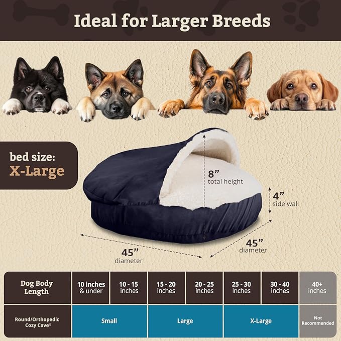 Snoozer Cozy Cave Dog Bed - Indoor Dog Bed with Cover Cave, Covered Calming Burrow for Medium & Large Sized Pets with Blanket Attached, Enclosed, Removable Washable Cover - XL, Navy