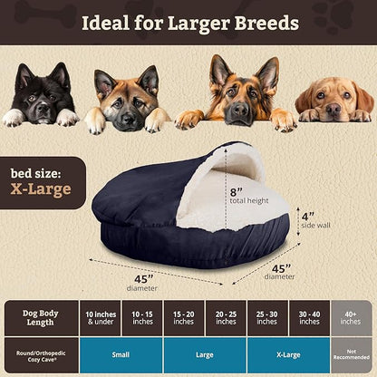 Snoozer Cozy Cave Dog Bed - Indoor Dog Bed with Cover Cave, Covered Calming Burrow for Medium & Large Sized Pets with Blanket Attached, Enclosed, Removable Washable Cover - XL, Navy