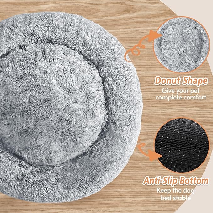 JOLLYVOGUE Calming Dog & Cat Bed for Small Dogs, Anti-Anxiety Donut Cuddler Cozy Soft Round Bed with Anti-Slip Bottom, Fluffy Faux Fur Plush Cushion Beds for Small Dogs, (23", Smoke Gray)