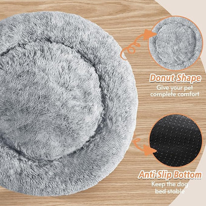 JOLLYVOGUE Calming Dog & Cat Bed for Small Dogs, Anti-Anxiety Donut Cuddler Cozy Soft Round Bed with Anti-Slip Bottom, Fluffy Faux Fur Plush Cushion Beds for Small Dogs, (23", Smoke Gray)
