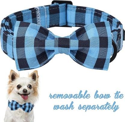 Unique style paws Cotton Dog Collar with Bow Puppy Collar with Black Blue Grid for Small Medium Large Boys Girls Dogs
