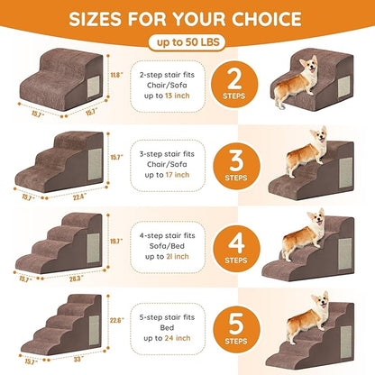 Pet Stairs, Dog Stairs for Small Dogs, Dogs Steps, 5-Step Curved Dog Ramp for Bed, Couch, Sofa, Car and Chair, Non-Slip Bottom Design, Cat Scratching Board, High Density Foam Portable Pet Step, Coffee