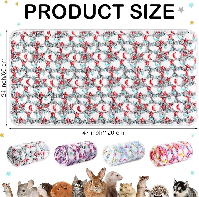 Reginary 4 Pcs Waterproof Guinea Pig Blankets Washable Small Animal Fleece Bedding Guinea Pig Cage Liners Reusable Training Pads Pet Pee Pad Sleep Mat for Hamster(Moon Star Pattern,24 x 47 Inch)