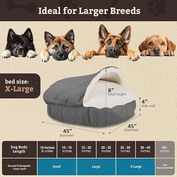 Snoozer Cozy Cave Dog Bed - Indoor Dog Bed with Cover Cave, Covered Calming Burrow for Medium & Large Sized Pets with Blanket Attached, Enclosed, Removable Washable Cover - XL, Heather Gray