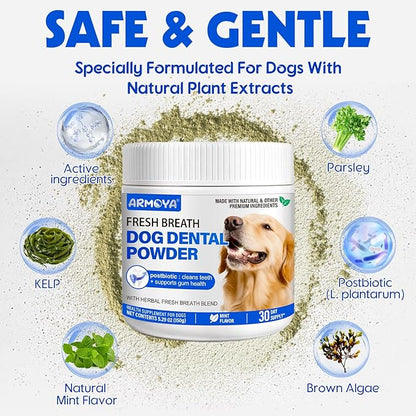 Dog Teeth Cleaning Powder - Dental Powder for Dogs Teeth - Plaque Removal - Supports Gum Health - Tartar Remover with Natural Herb Blend and Postbiotics 30 Day Supply - Mint Flavor