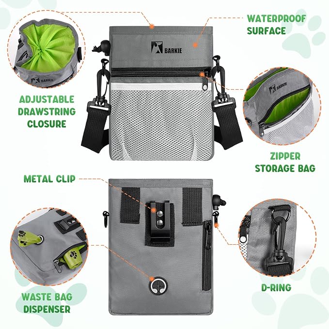 BARKIE Dog Treat Pouch and 2 Dog Training Clickers with Dog Positive Reinforcement Training Booklet (Grey)