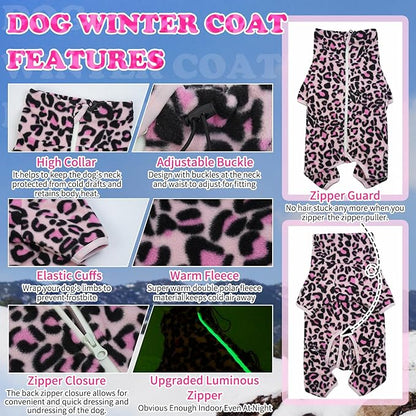 ROZKITCH Warm Dog Pajamas for Large Dogs, Pet Windproof Warm Cold Weather Jacket Vest with Luminous Zipper, Jumpsuit Apparel Outfit Clothes for Small Medium Large Dog L-Pink L