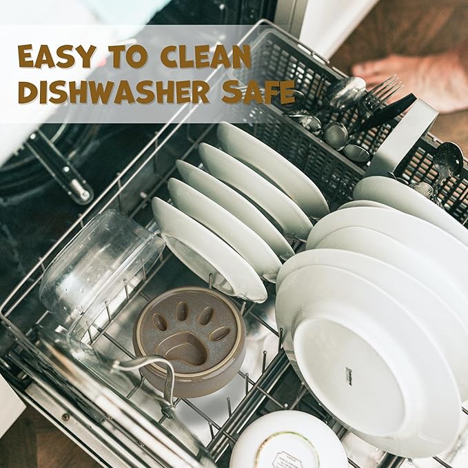 Ceramic Slow Feeder Dog Bowl Set with Stand, Cute Paw Slow Feeding Food Bowl and Water Bowl for Small Breed, 5.2" Ceramic Non Slip Dog Dishes, Grey