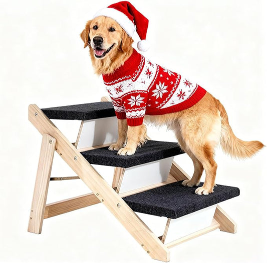 MEWANG Wood Pet Stairs & Ramp for Small/Medium Dogs and Cats, Aging Pets – 3-in-1 Foldable, Portable, Non-Slip Pet Ladder for Tall Beds, Couches,Cars–Holds Up to 220 lbs (24.8" L x 17.2" W x 19.5" H)