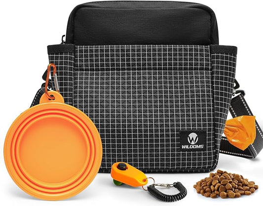 Dog Treat Pouch – Large Capacity with Magnetic Closure, Dog Walking Fanny Pack Built-in Poop Bag Dispenser, Clicker & Collapsible Bowl for Training & Walking - Black