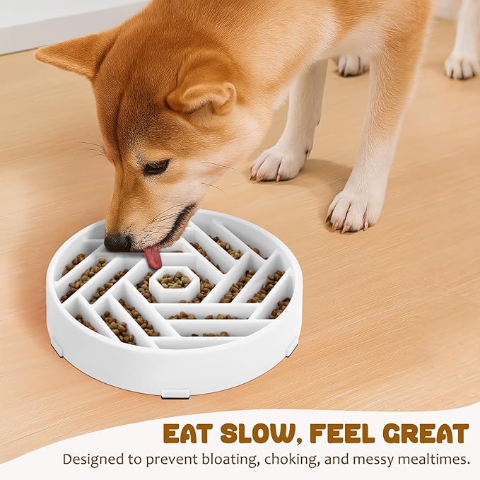 WHIPPY Slow Feeder Dog Bowl, Puzzle Maze Design to Slow Down Eating, 3-Cup Capacity, Anti-Gulping Food Bowl for Medium & Large Dogs,White