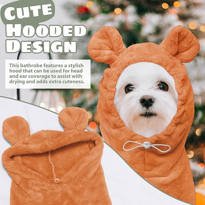 Dog Bathrobe Super Absorbent Towel Robe - Microfiber Bath Towels Fast Drying Coat for Dogs, Cute Dogs Clothes Adjustable Collar & Belly Strap Warm Keeping Hooded Dog Towel (Orange, Small)
