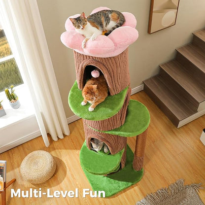 Forest Cat Tree Tower with 4 Condos, 68.5" Tall Cat Tower with Flower Top Bed & Thick Scratching Post (φ3.8in) – Large Heavy Duty Tree That Looks Like a Tree for Indoor & Multi-Cat Households