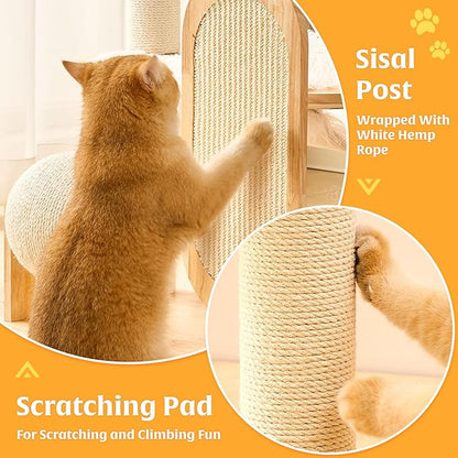 HITTITE Solid Wood Cat Tree Tower with Scratching Post, 53 Inches Tall Cat Towers with Scratching Board and Scratcher Ball, Modern Cat Tower with Space Capsule and Removable Top Bed for Indoor Cats