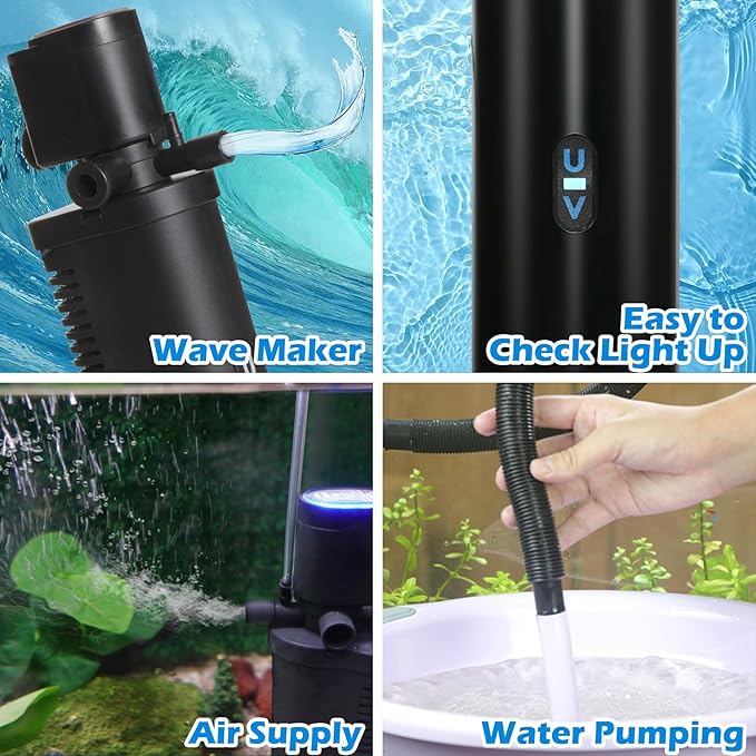 TARARIUM Small Aquarium Filter U-V for 10-45 Gallon Tank, 158GPH Fish Tank Filters for Betta Fish Tank Green Clean Machine, Internal Pump Filter for Turtle Tank Saltwater Freshwater Crystal Clear