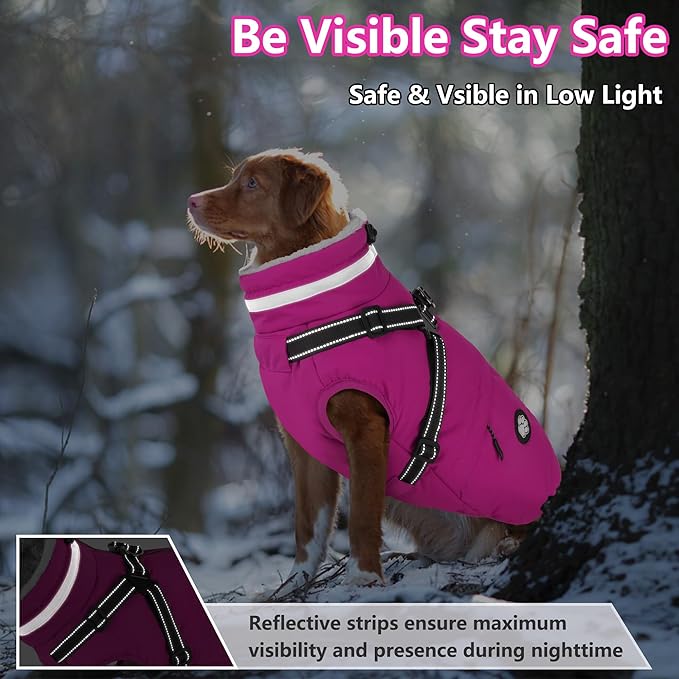 Dogcheer Dog Coat with Harness, Waterproof Dog Jacket Christmas Pet Winter Coat with Pockets, Reflective Doggy Turtleneck Fleece Jacket for Small Medium Large Dogs - Pink, XL